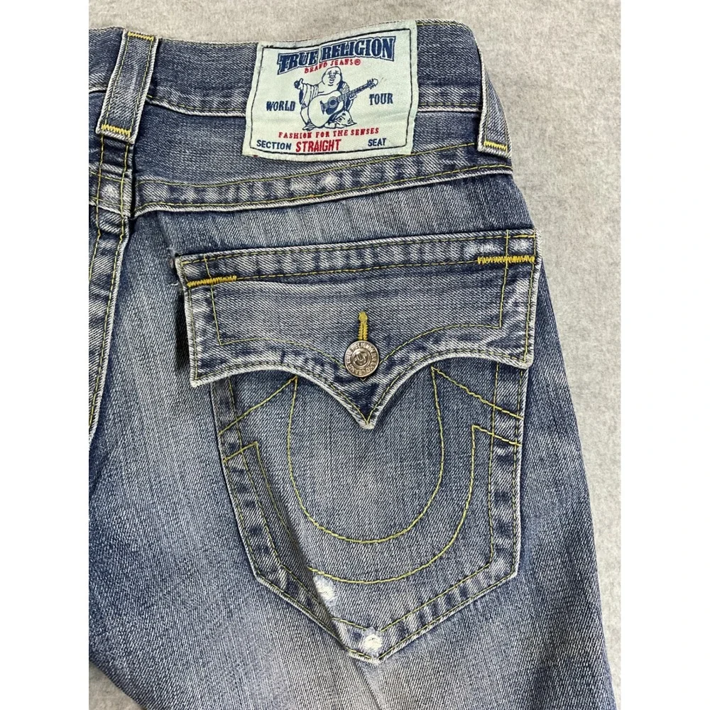 True Religion Mens Straight Distressed Ripped Blue Denim Jeans Size 29 P57